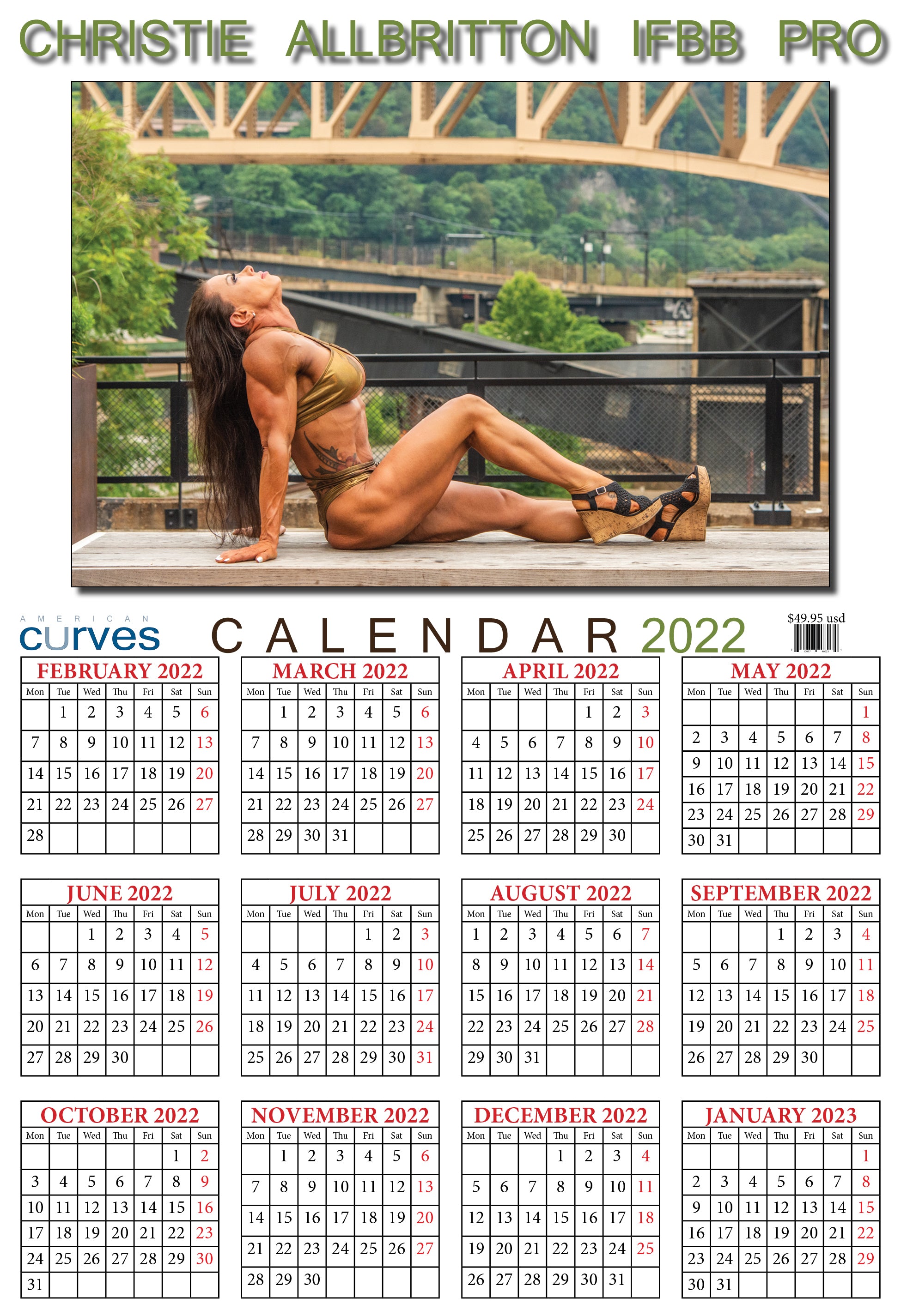 Christie Allbritton IFBB PRO-13x19 in-2022 High-Quality Wall Calendar.  Feb-2022-Jan-2023