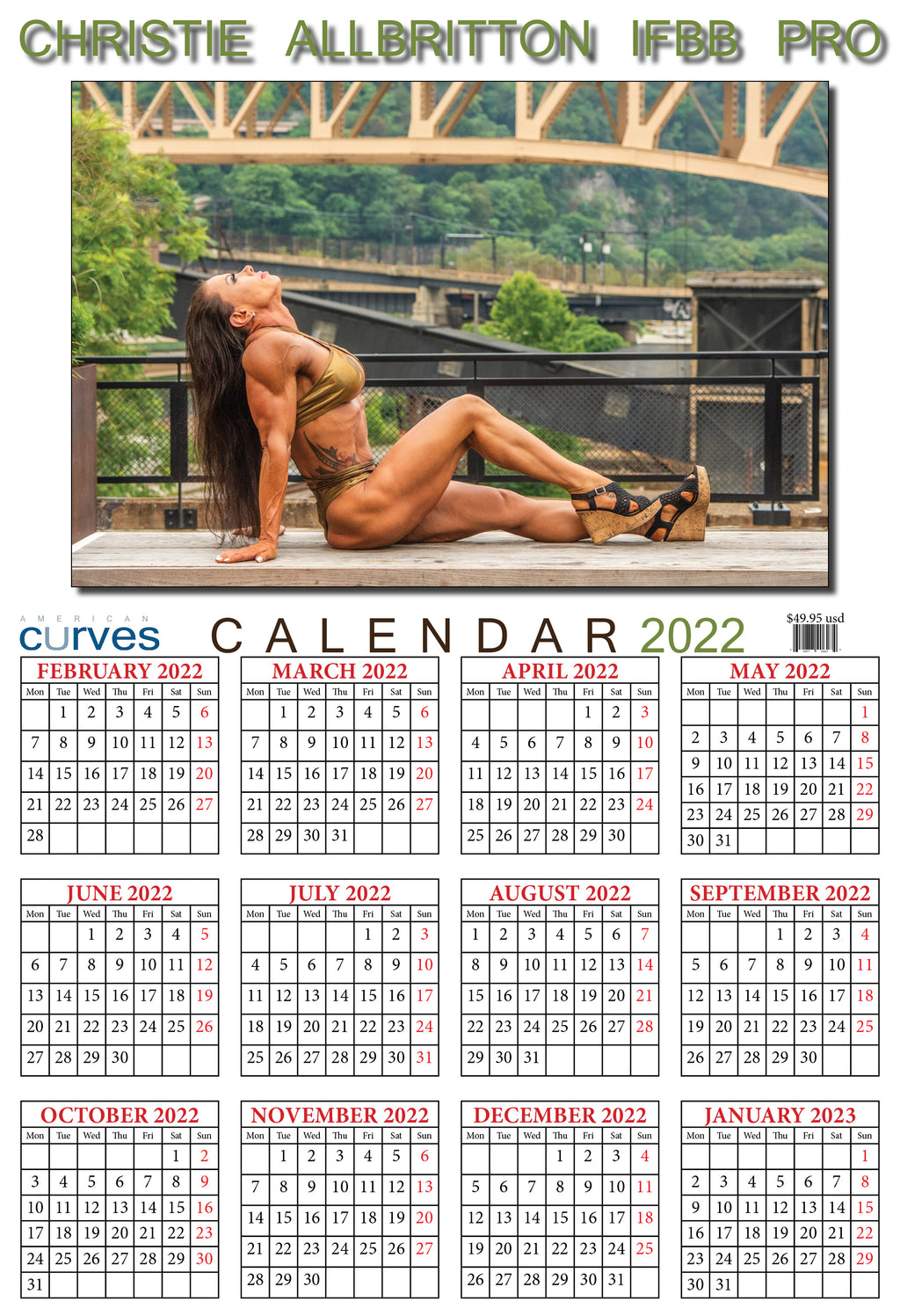 Christie Allbritton IFBB PRO-13x19 in-2022 High-Quality Wall Calendar.  Feb-2022-Jan-2023