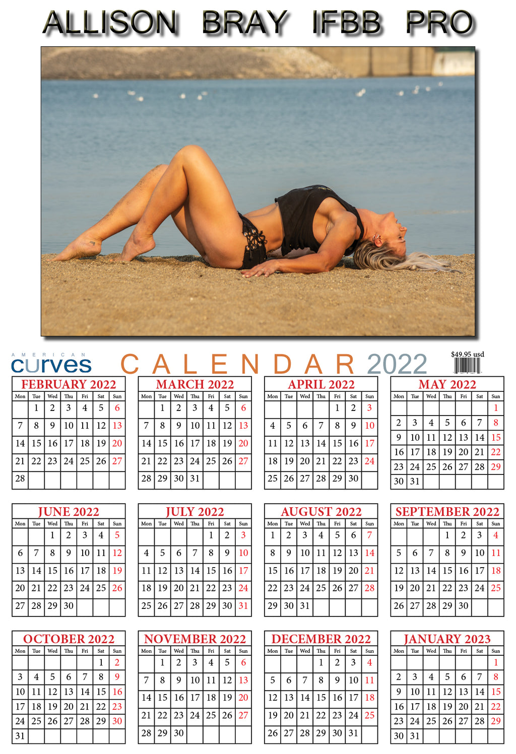 Allison Bray, IFBB PRO-13x19 in- High-Quality Wall Calendar.  Feb-2022-Jan-2023