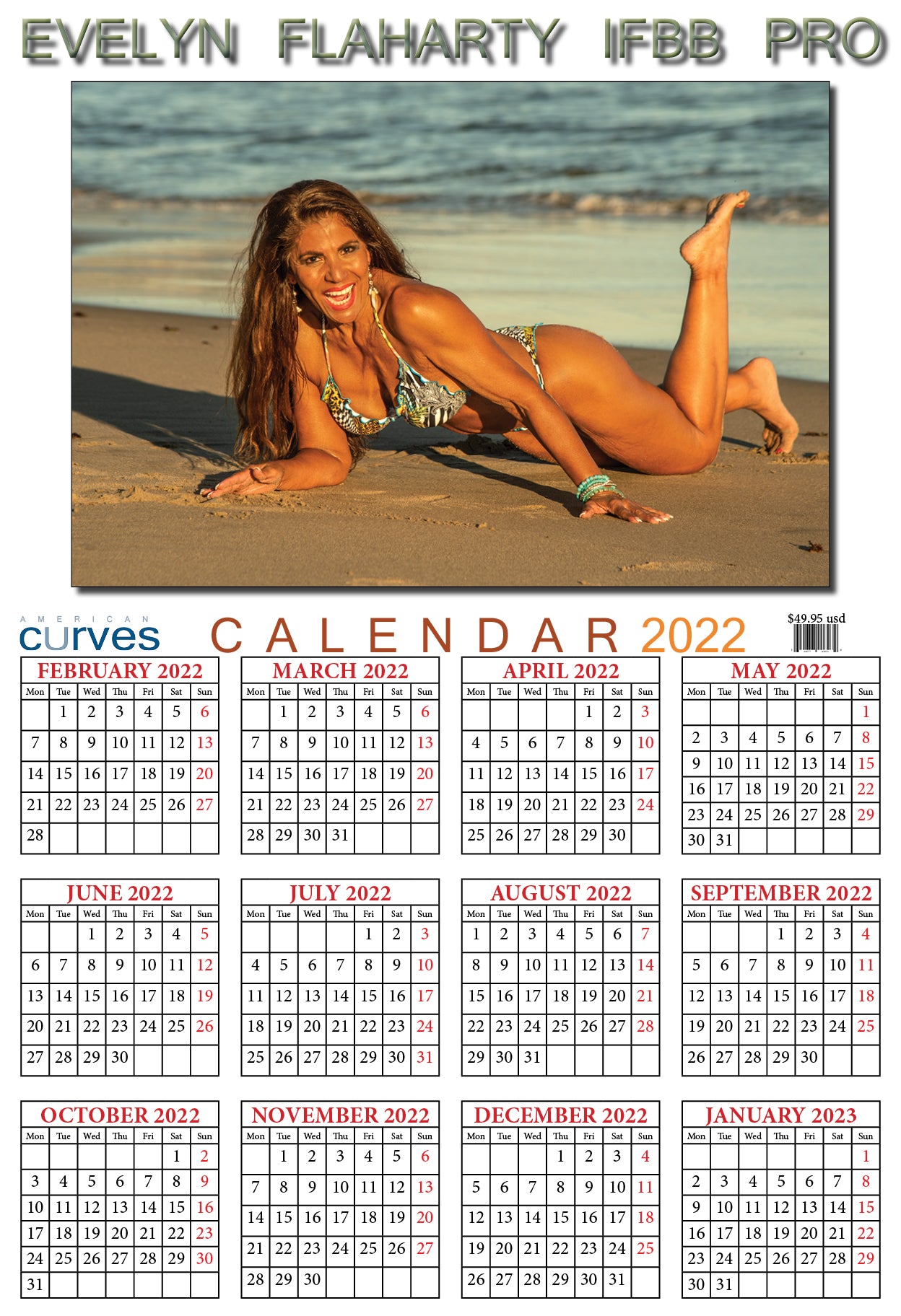 Evelyn Flaharty IFBB Pro-13x19 in-2022 High-Quality Wall Calendar.  Feb-2022-Jan-2023